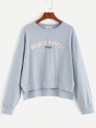 Romwe Blue Drop Shoulder High Low Letter Patch Embroidered Sweatshirt
