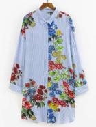 Romwe Rolled Cuff Flower Print Shirt Dress