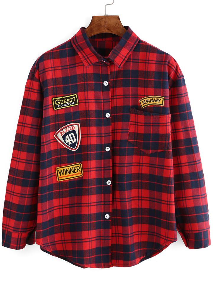 Romwe Plaid Patch Embroidered Blouse