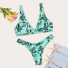 Romwe Random Tropical Plunge Top With High Leg Bikini Set