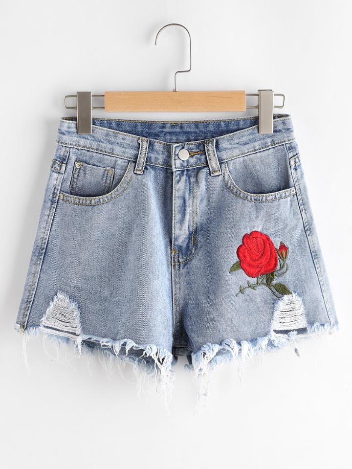 Romwe Rose Embroidered Destroyed Fray Hem Chambray Shorts