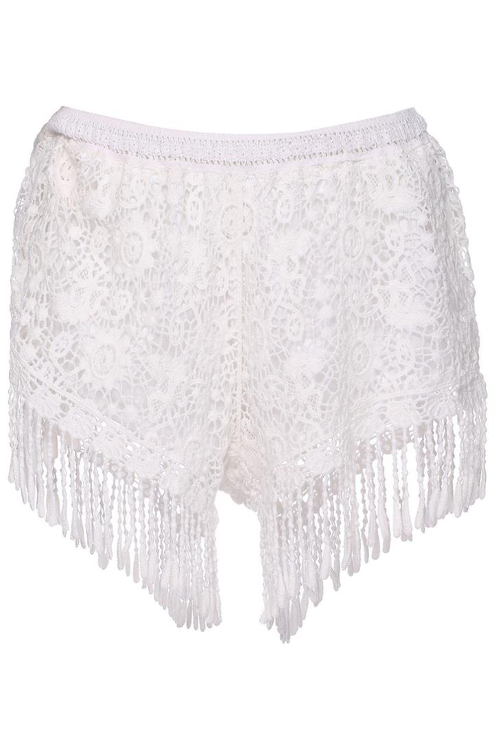 Romwe Romwe Tasseled White Lace Shorts