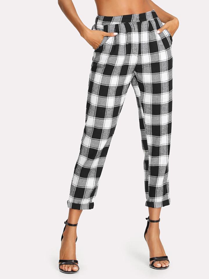 Romwe Zip Up Tapered Plaid Pants