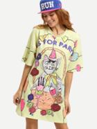 Romwe Multicolor Cat Print Drop Shoulder Tee Dress