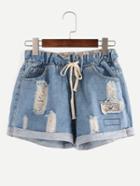 Romwe Ripped Drawstring Waist Rolled Hem Blue Denim Shorts