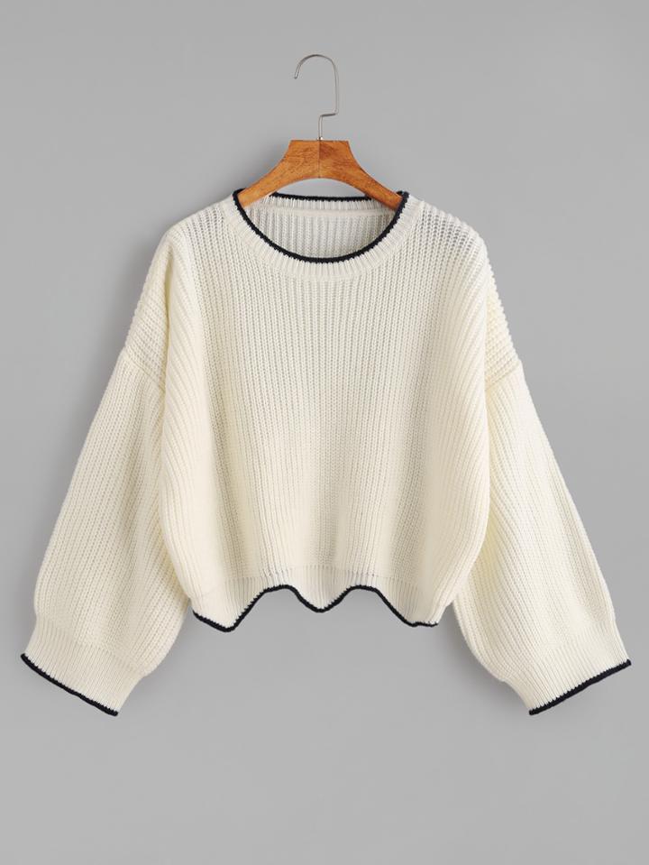 Romwe White Contrast Trim Scallop Edge Crop Sweater