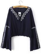 Romwe Navy Tie Neck Bell Sleeve Embroidery Blouse