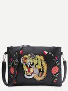Romwe Black Tiger Embroidered Patch Faux Leather Shoulder Bag