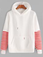 Romwe White Sleeve Striped Drawstring Hooded Sweatshirt With Pocket
