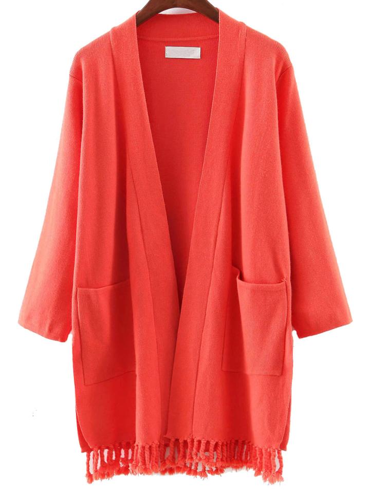 Romwe Brick Red Pocket Tassel Cardigan