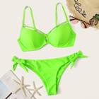 Romwe Neon Green Harness Top With Tie Side Bikini Set