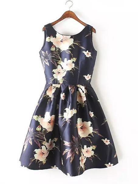 Romwe Navy Floral Zipper Back Skater Dress