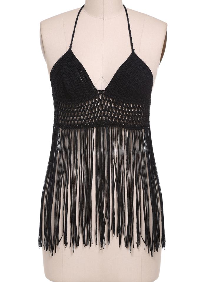 Romwe Halter Tassel Black Cami Top