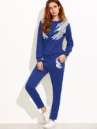 Romwe Blue Angel Wings Print Sweatshirt With Pants
