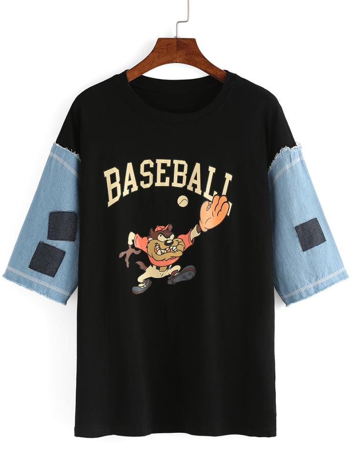 Romwe Contrast Denim Cartoon Print Patch T-shirt