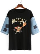 Romwe Contrast Denim Cartoon Print Patch T-shirt