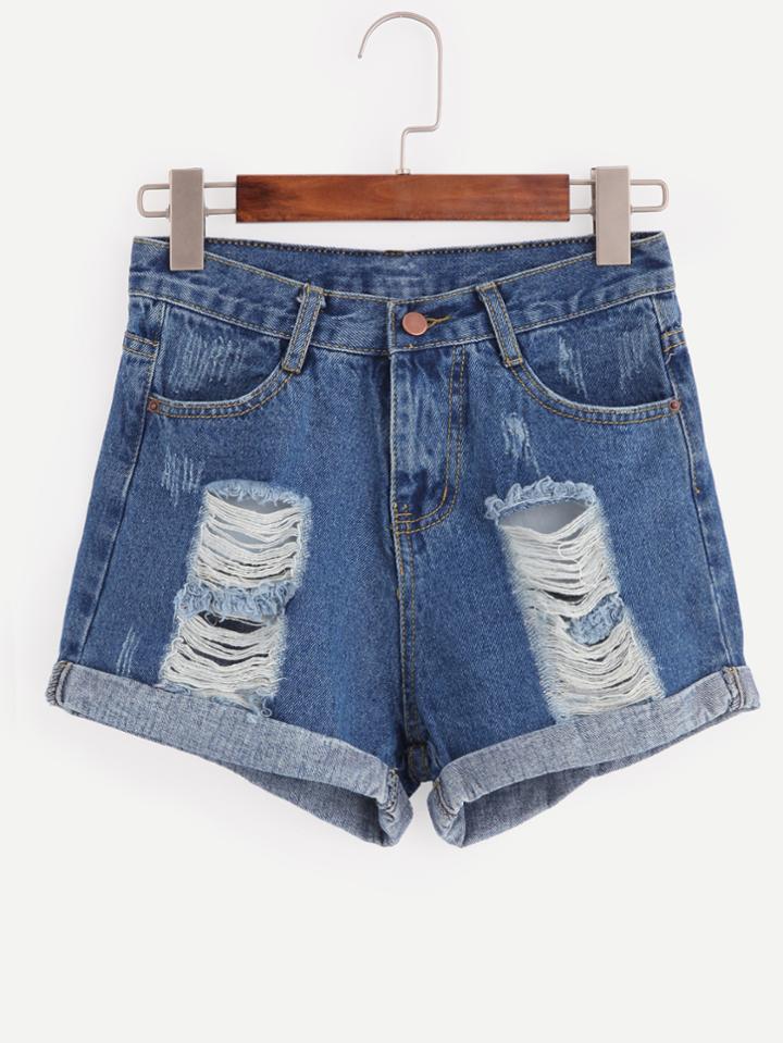 Romwe Blue Frayed Cuffed Denim Shorts