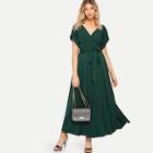 Romwe Rolled Sleeve Self Belted Solid Dress