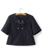 Romwe Navy Eyelet Lace Up Hollow Out Blouse