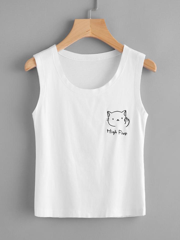 Romwe Cat Embroidered Tank Top
