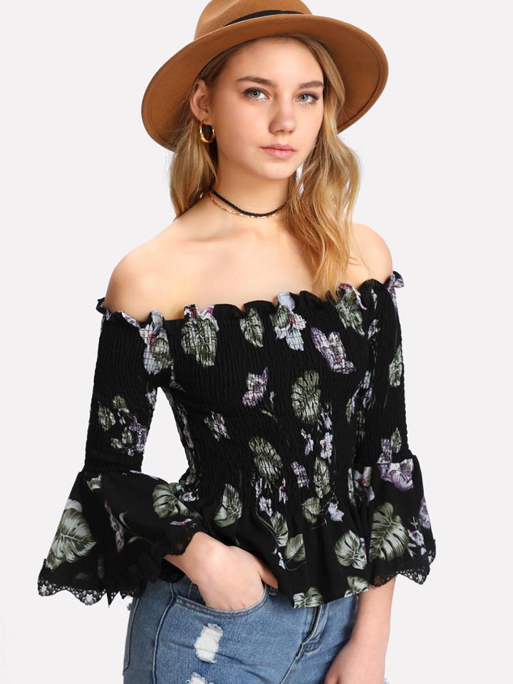 Romwe Off Shoulder Ruffle Hem Floral Print Top