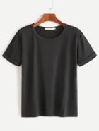 Romwe Black Rolled Sleeve Basic T-shirt