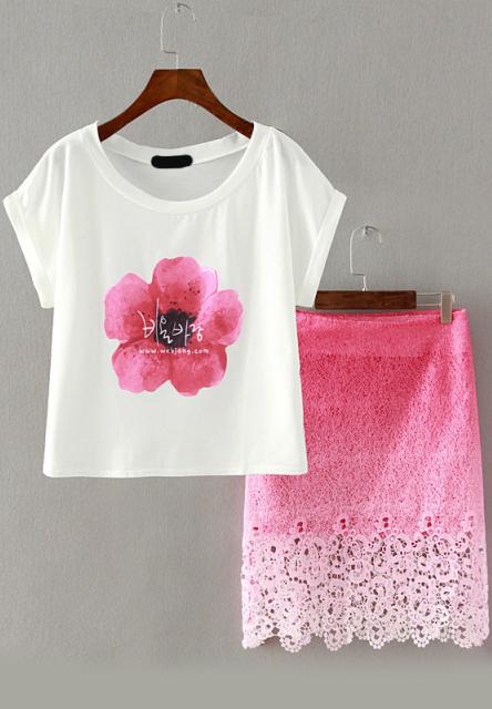 Romwe Flower Print Top With Ombre Lace Skirt