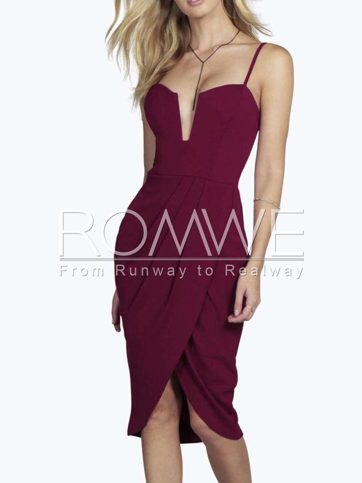 Romwe Burgundy Spaghetti Strap Wrap Front Dress