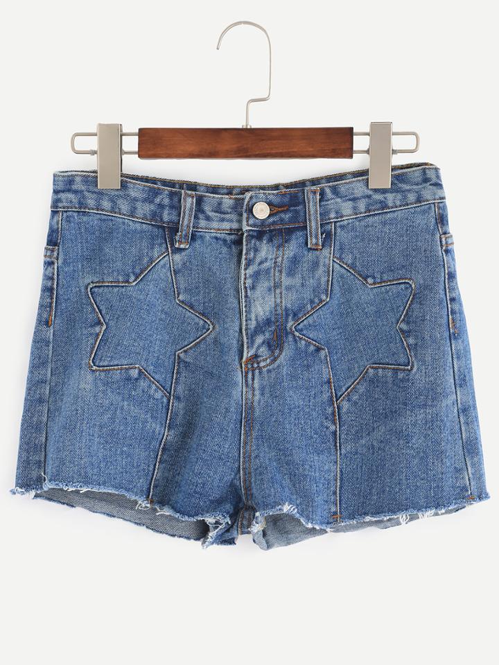 Romwe Blue Star Patch Raw Hem Denim Shorts