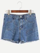 Romwe Blue Star Patch Raw Hem Denim Shorts