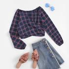 Romwe Plaid Wrap Crop Blouse