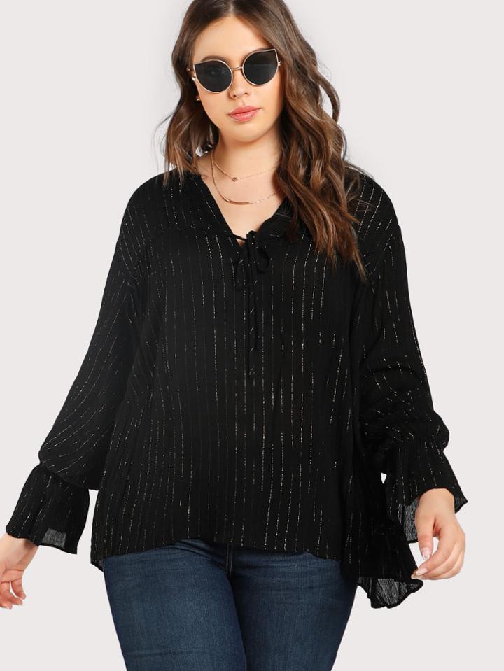 Romwe Glitter Striped Tie Neck Top