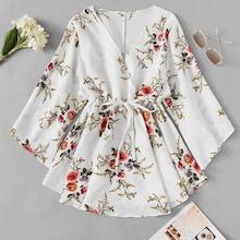 Romwe Floral Print Surplice Drawstring Waist Dress