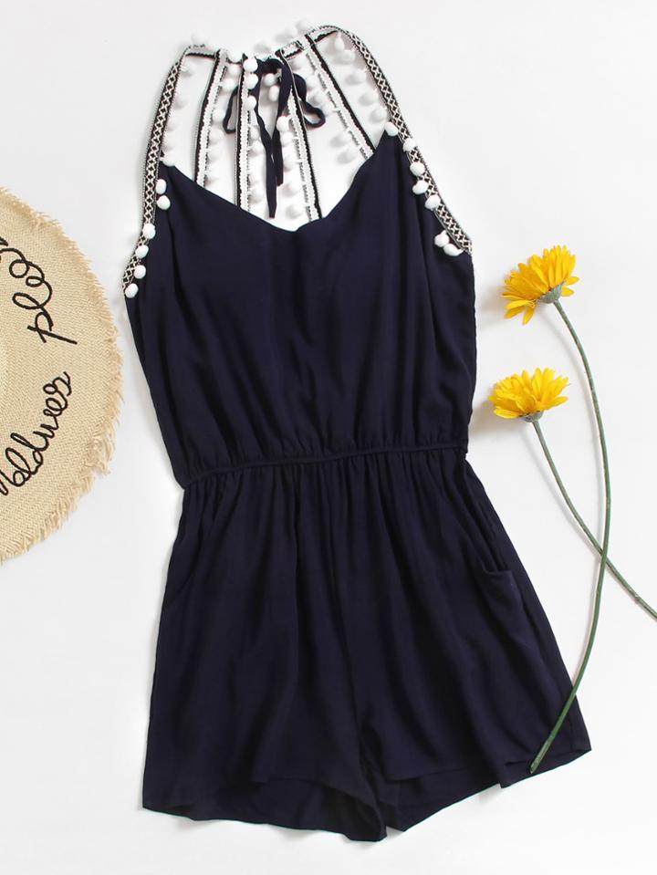 Romwe Embroidered Taped Pom Pom Trim Open Back Romper