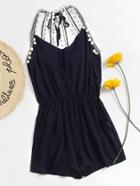 Romwe Embroidered Taped Pom Pom Trim Open Back Romper