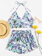 Romwe V Neckline Ruffle Halter Top With Shorts