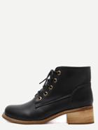 Romwe Black Faux Leather Lace Up Cork Heel Short Boots