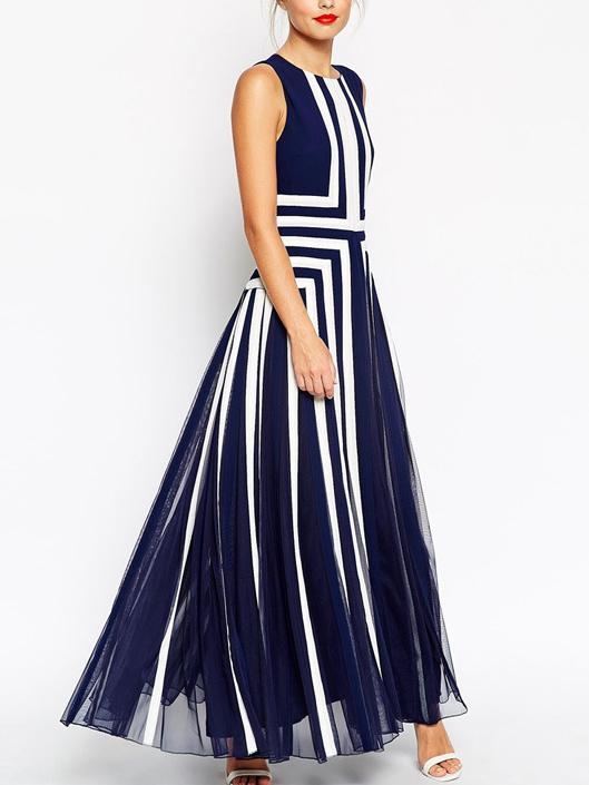 Romwe Navy Blue Color Block Pleated Maxi Dress