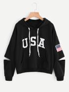 Romwe Flag Print Cut Out Sleeve Hooded Sweatshirt