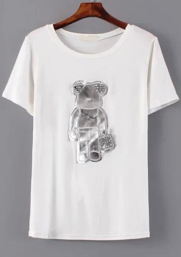 Romwe With Diamond Cub Pattern White T-shirt