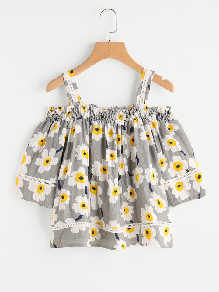 Romwe Flower Print Hollow Out Frill Top