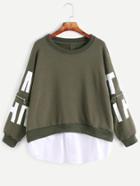 Romwe Army Green Print Contrast Hem Sleeve Zip Detail Sweatshirt