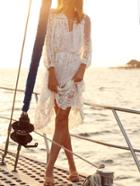 Romwe Tied Neck Sheer Lace Dress