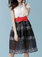 Romwe Color-block With Belt Note Print Organza Dress