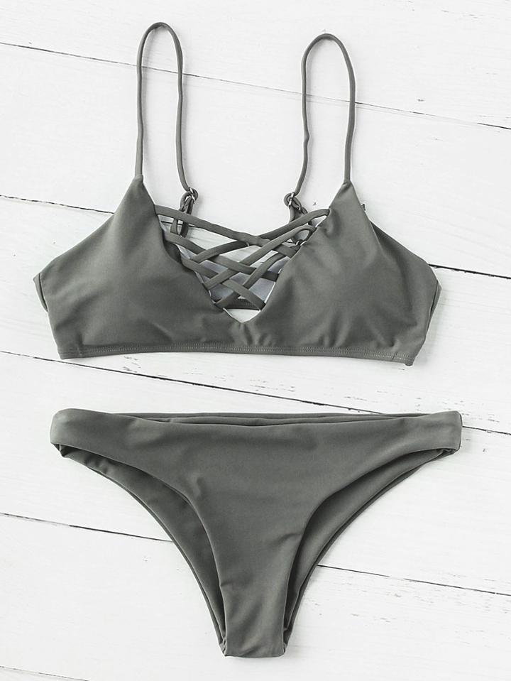 Romwe Criss Cross V Cut Bikini Set