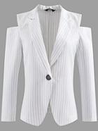 Romwe White Vertical Striped Open Shoulder Single Button Blazer
