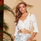 Romwe Drawstring Front Shirred Sleeve Crop Top