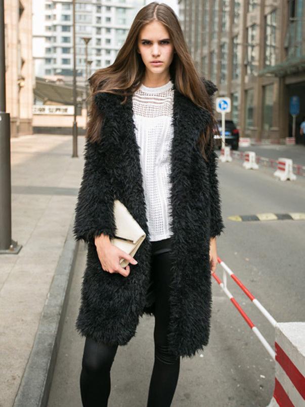 Romwe Black Casual Lapel Faux Fur Coat
