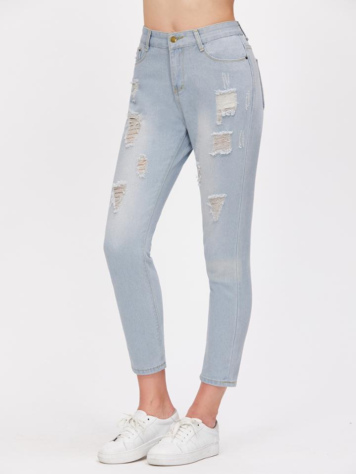 Romwe Light Blue Stone Wash Ripped Skinny Jeans