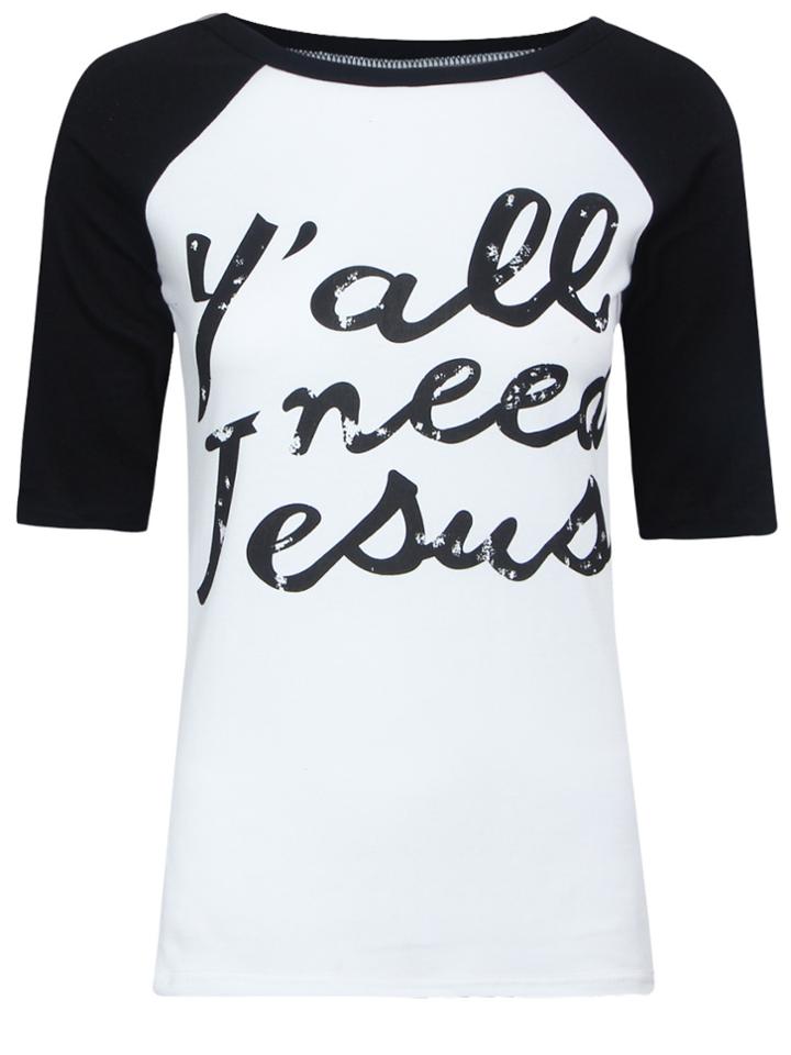 Romwe Letter Print Raglan Sleeve White T-shirt